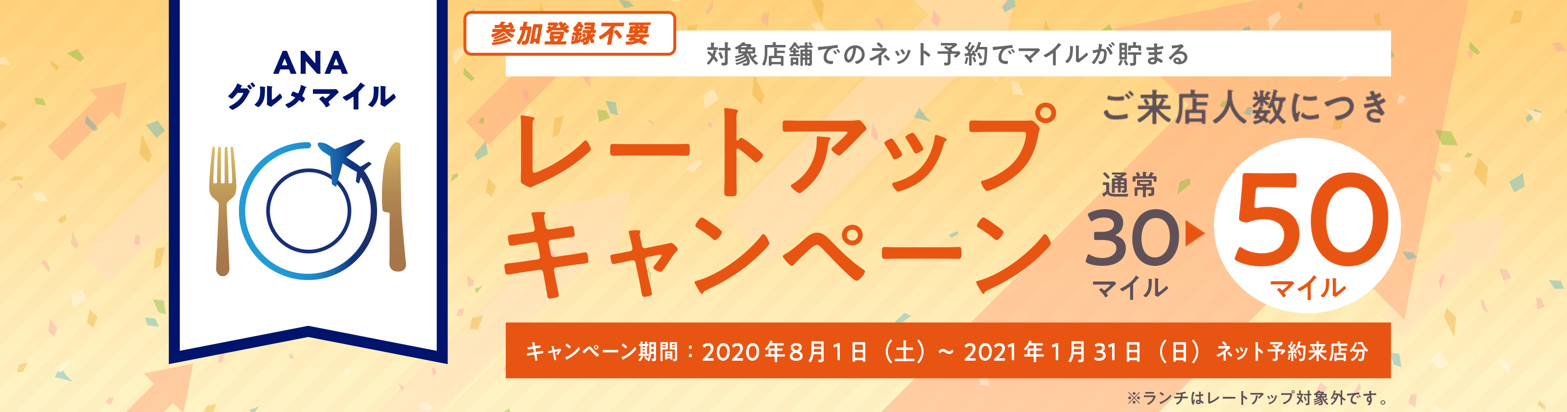 ANAグルメマイル レートアップキャンペーン ご来店人数につき50マイル 通常30マイル